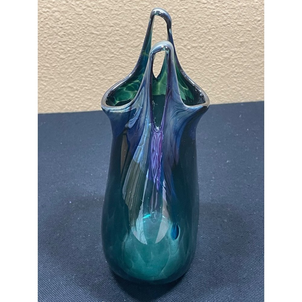 Rare Vintage Hand Blown Glass Paper Bag Vase Signed Sea Foam Blue Color - Picture 12 of 13